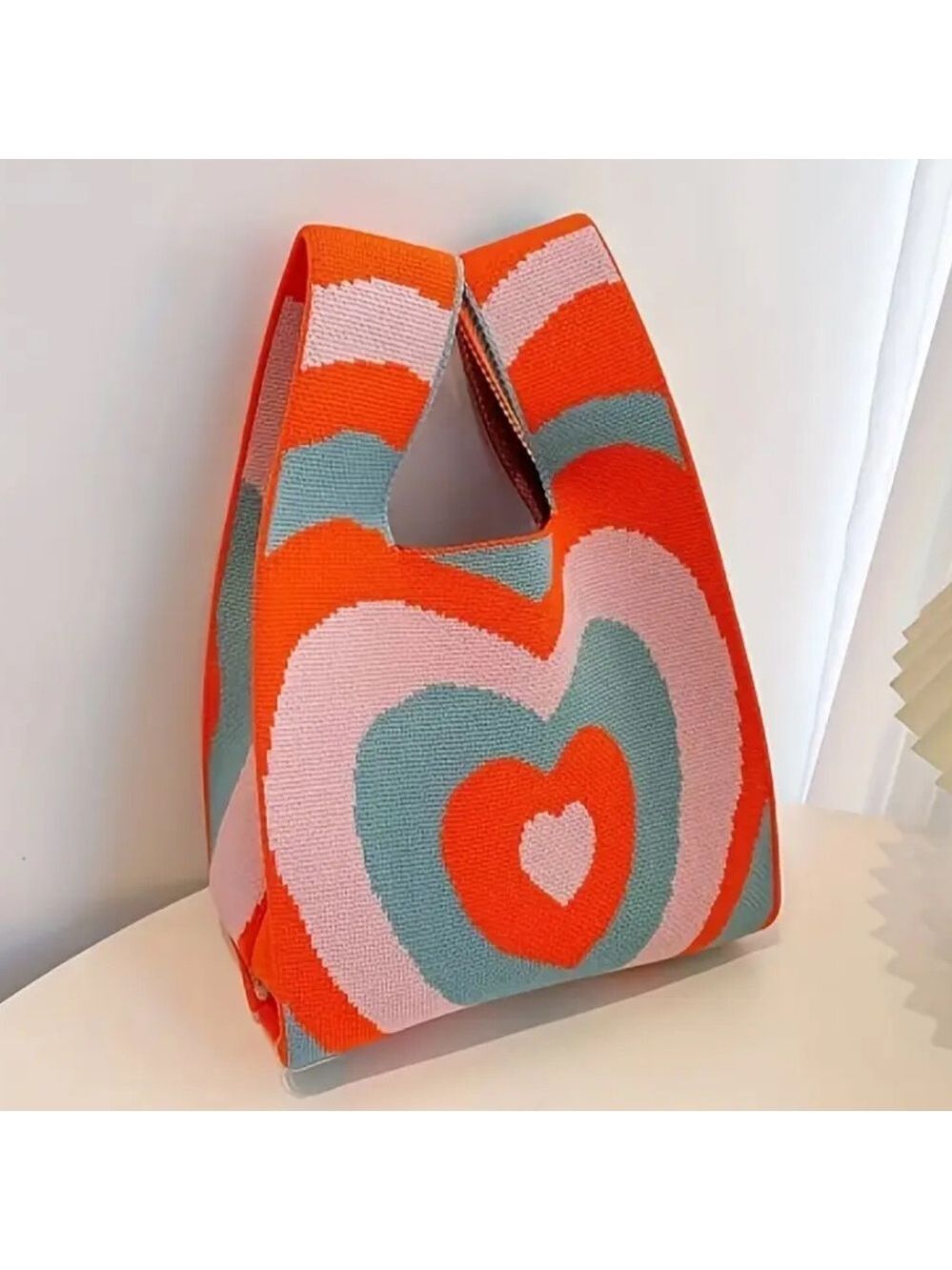 Heavy Woven Knit Heart Pattern Tote Purse Bag Japanese Knot  Closure Style